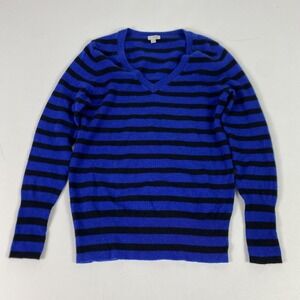 Halogen Sweater Womens Small Blue Striped 100% Cashmere V Neck Knit Pullover